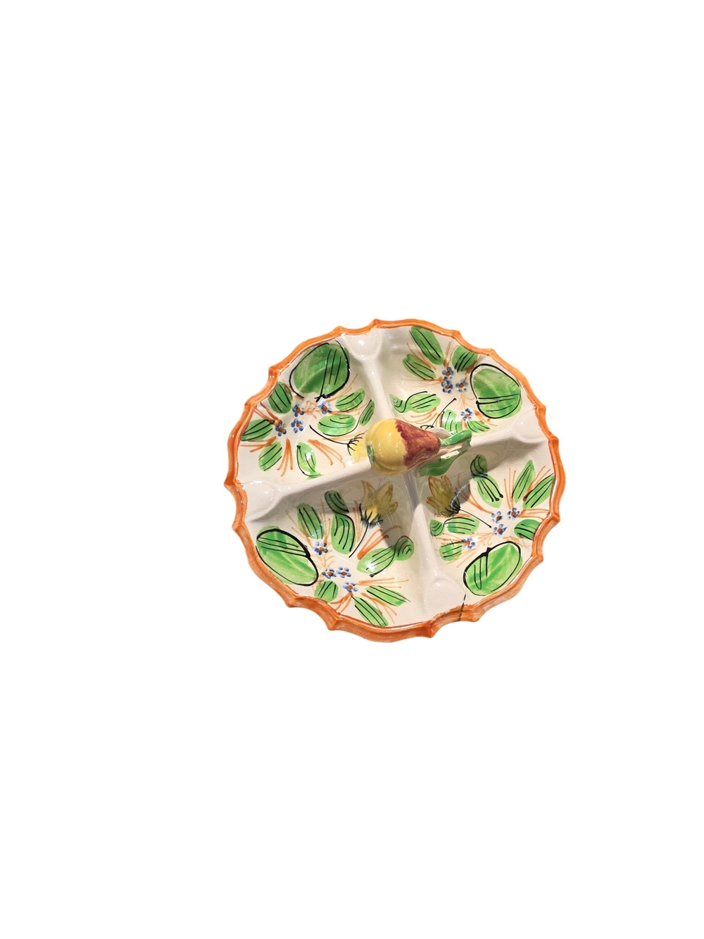 Hand-Painted Ceramic Sectioned Serving Platter in Green and Orange